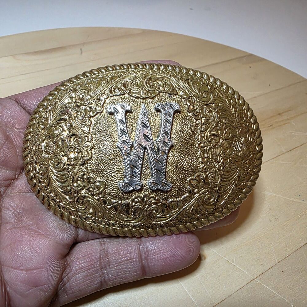 Vintage Crumrine western-style belt buckle initial "W" Scroll Pattern Rope Borde